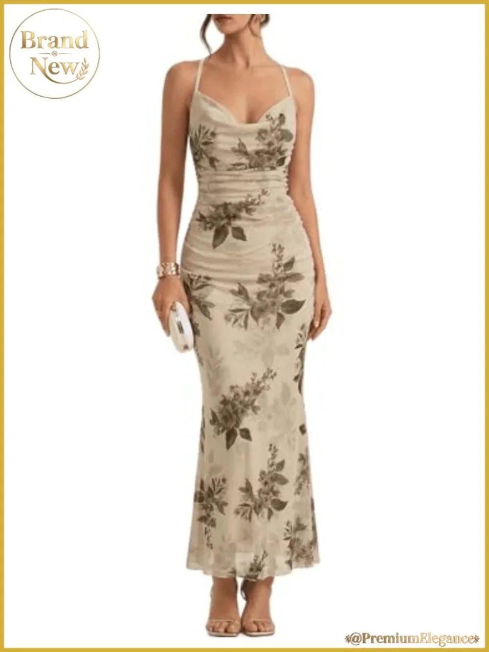 Women's Floral Maxi Dress Bodycon Cowl Neck Sleeveless Ruched Mesh